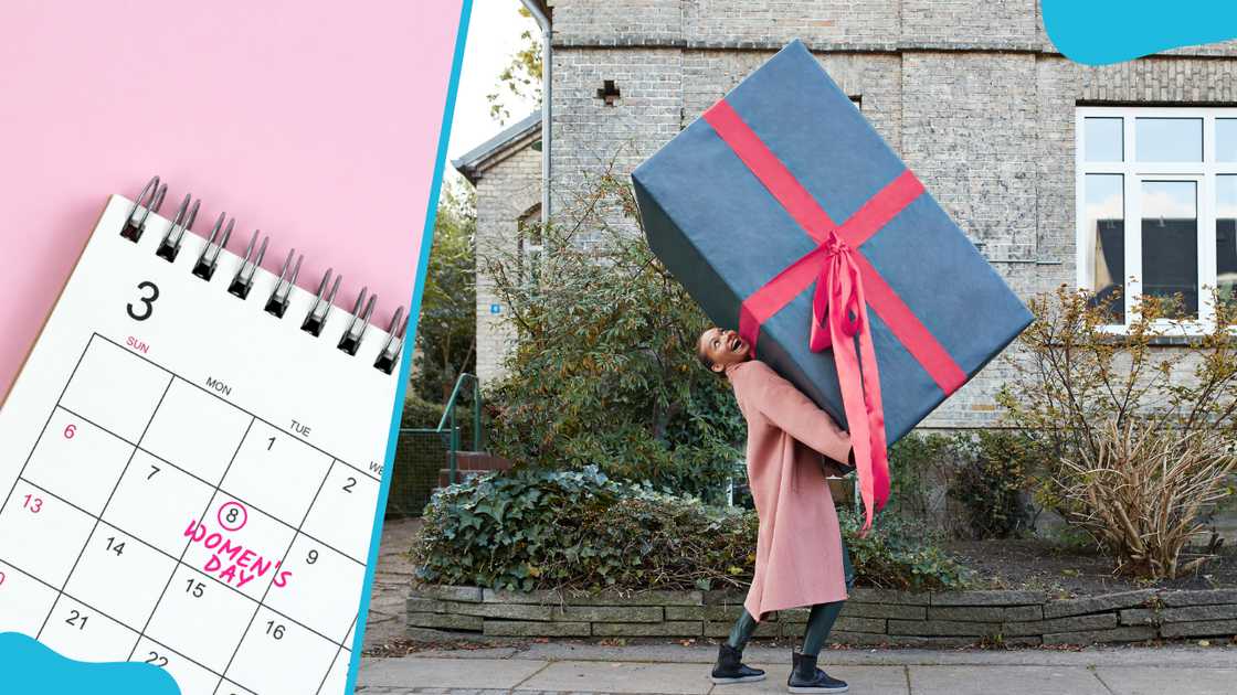 International Women's Day 8th March on a calendar (L). A woman carries a large gift box on a footpath (R). International Women's Day 8th March on a calendar (L). A woman carries a large gift box on a footpath (R).