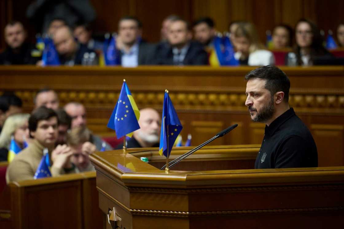 Ukraine President Volodymyr Zelensky addresses members of the Ukrainian parliament in Kyiv to announce details of his Victory Plan to end the war in his country Ukraine President Volodymyr Zelensky addresses members of the Ukrainian parliament in Kyiv to announce details of his Victory Plan to end the war in his country