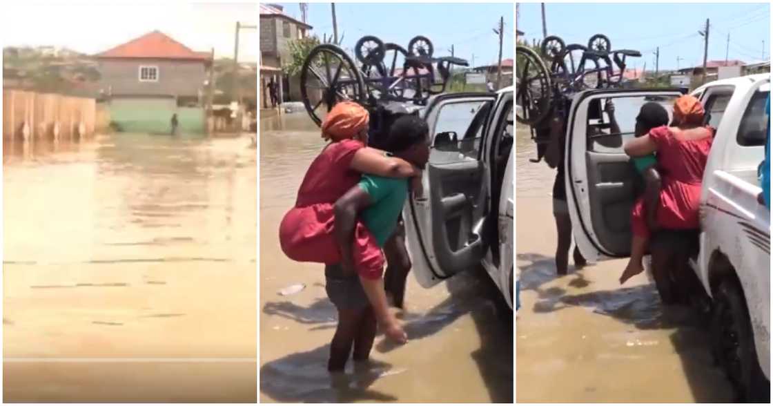 Kind-hearted man carries physically challenged woman through flood water amid the recent Weija Dam spillage. Kind-hearted man carries physically challenged woman through flood water amid the recent Weija Dam spillage.