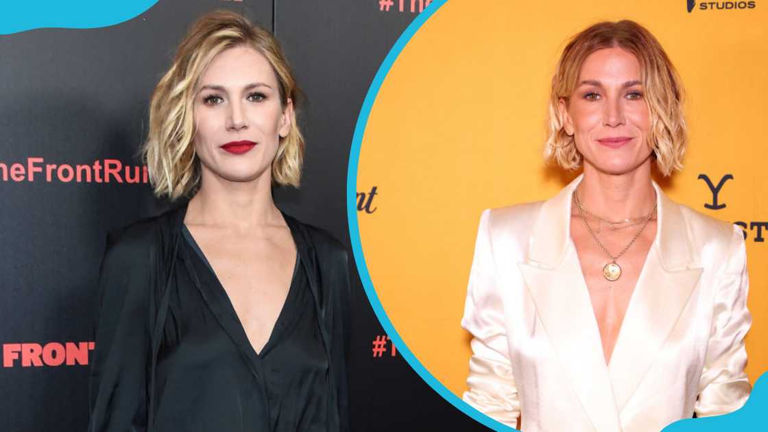 Jennifer Landon in a black top (L) and a white blazer (R). Jennifer Landon in a black top (L) and a white blazer (R).