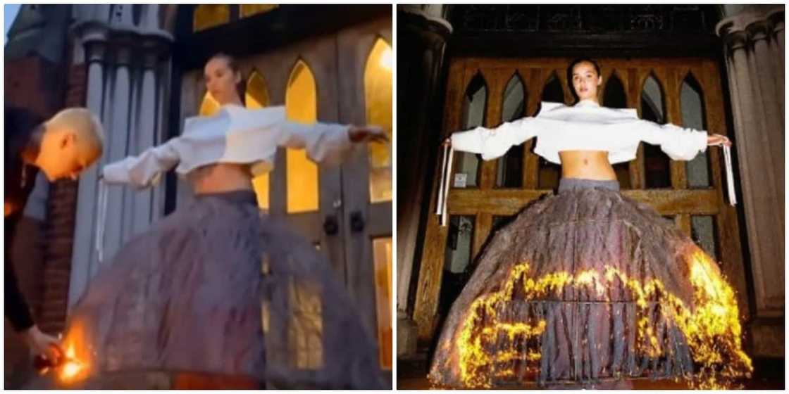 Photos of a model in a self-immolation dress. Photos of a model in a self-immolation dress.