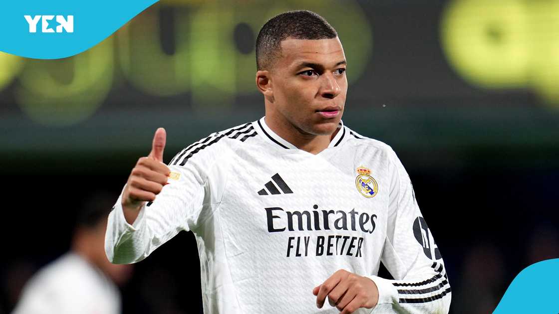 Kylian Mbappe of Real Madrid gestures with a thumbs up during the LaLiga match between Villarreal CF and Real Madrid CF at Estadio de la Ceramica on March 15, 2025 in Villarreal, Spain Kylian Mbappe of Real Madrid gestures with a thumbs up during the LaLiga match between Villarreal CF and Real Madrid CF at Estadio de la Ceramica on March 15, 2025 in Villarreal, Spain