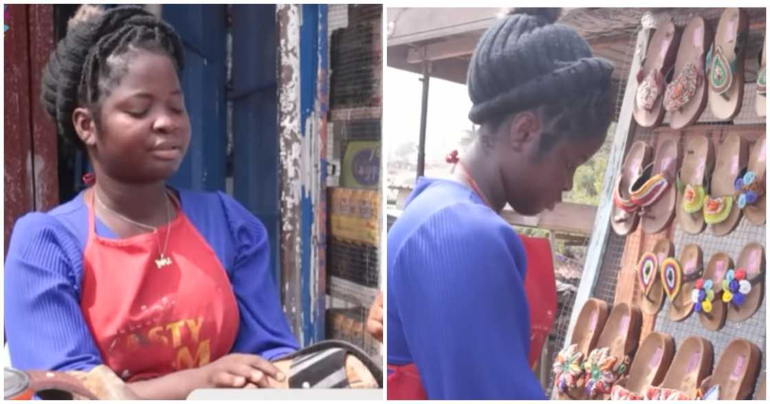 A young Ghanaian female shoemaker says she is fulfilled with her job A young Ghanaian female shoemaker says she is fulfilled with her job