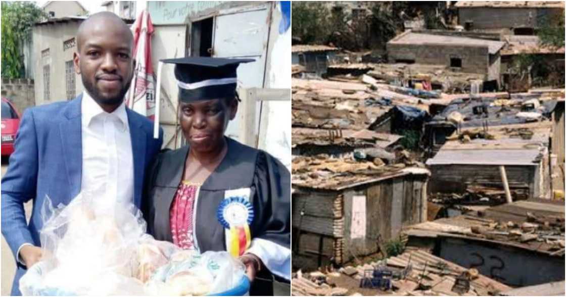 Man poses with his mother on his graduation day