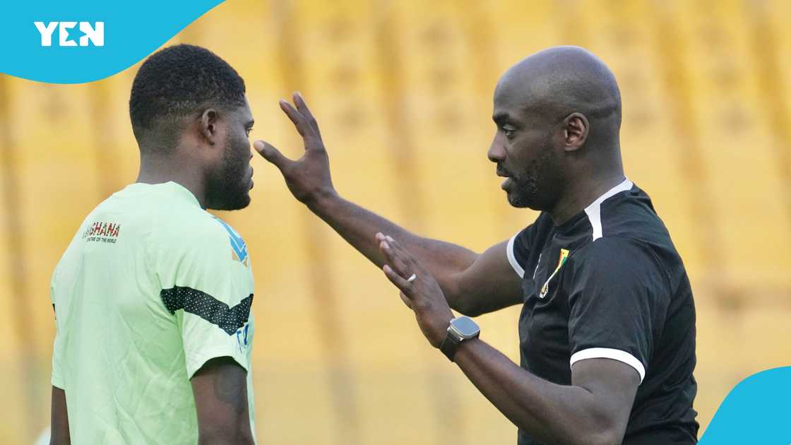 Thomas Partey listens to tactical instructions from head coach Otto Addo. Thomas Partey listens to tactical instructions from head coach Otto Addo.