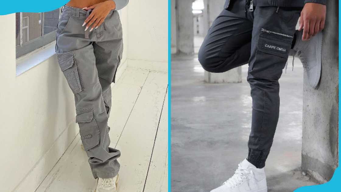 A woman (L) and a man (R) wearing grey cargo pants A woman (L) and a man (R) wearing grey cargo pants