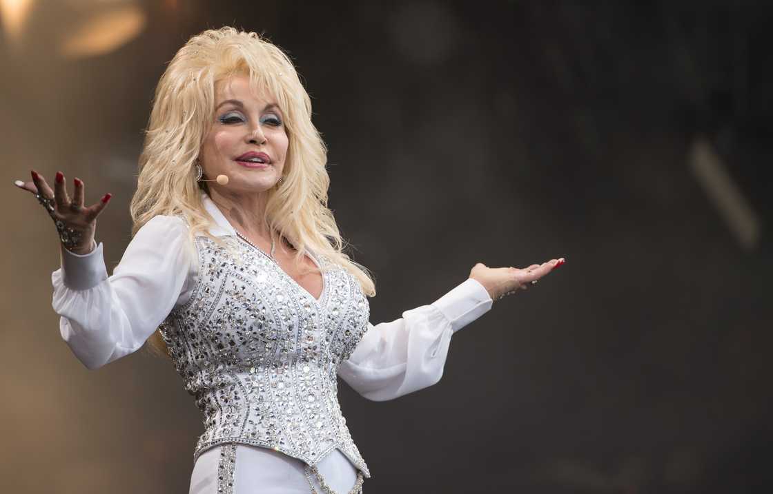 Dolly Parton performs on the Pyramid Stage