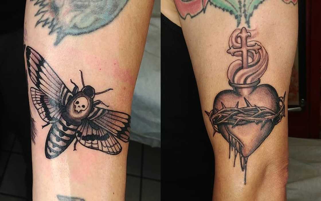 Death moth and sacred heart on the legs