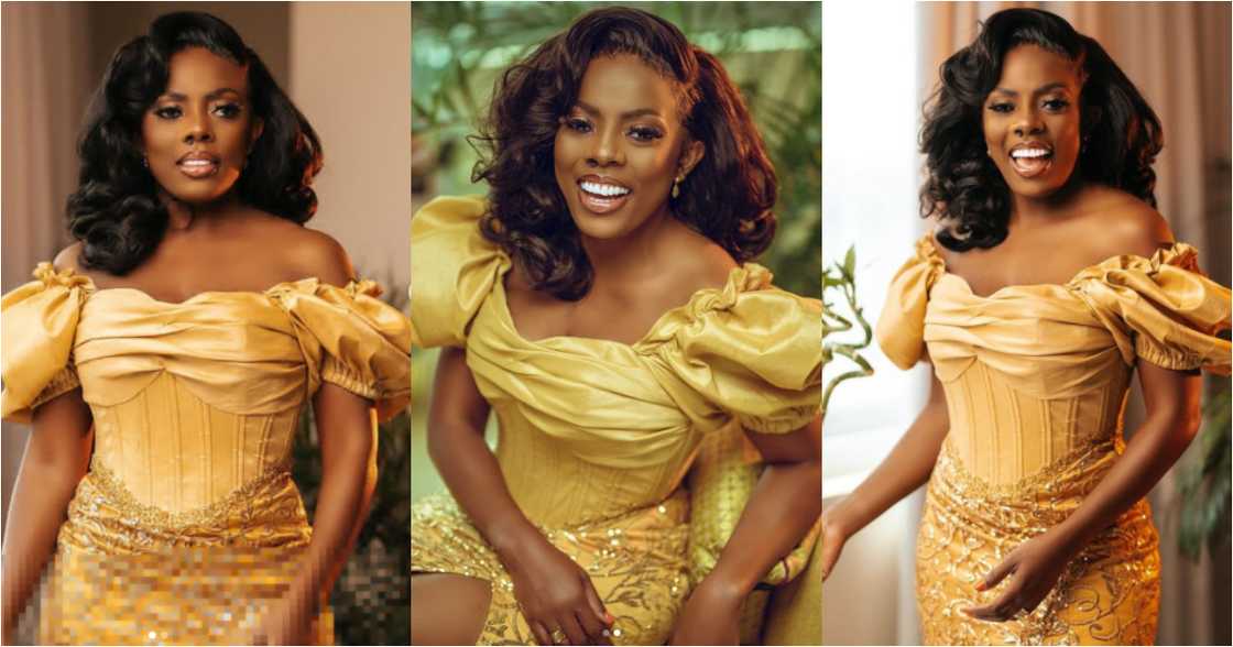 Nana Aba Anamoah beams in gold-themed dress as she delivers stunning photos to mark her birthday