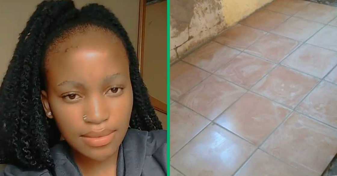 Young woman completes her tiling project. Young woman completes her tiling project.