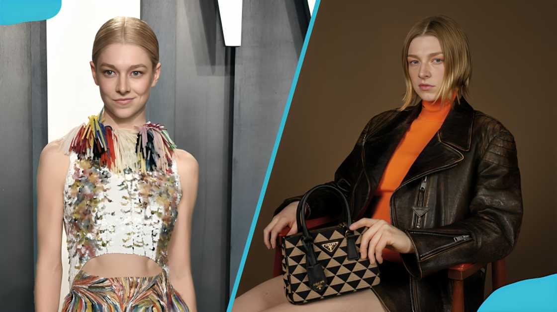 Hunter Schafer walking on runway as she models. The actress posing for her modelling shots Hunter Schafer walking on runway as she models. The actress posing for her modelling shots