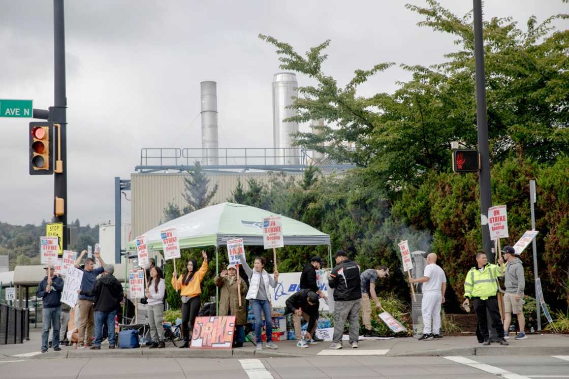 Striking Boeing workers and their supporters picket outside the Boeing Co. manufacturing facility in Renton, Washington on September 16, 2024