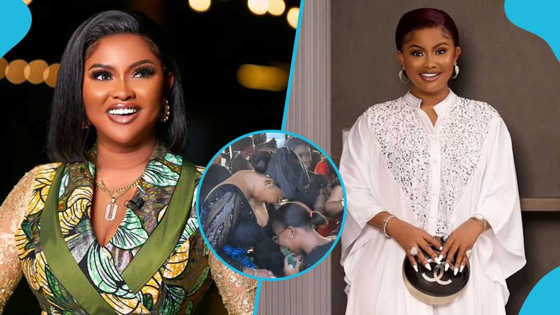 Nana Ama McBrown, Nana Ama McBrown and a female fan, Female fan encounters Nana Ama McBrown, Dr Kofi Amoa-Abban's mother's funeral, Ghanaian actress, Female fan kneels Nana Ama McBrown, Nana Ama McBrown and a female fan, Female fan encounters Nana Ama McBrown, Dr Kofi Amoa-Abban's mother's funeral, Ghanaian actress, Female fan kneels