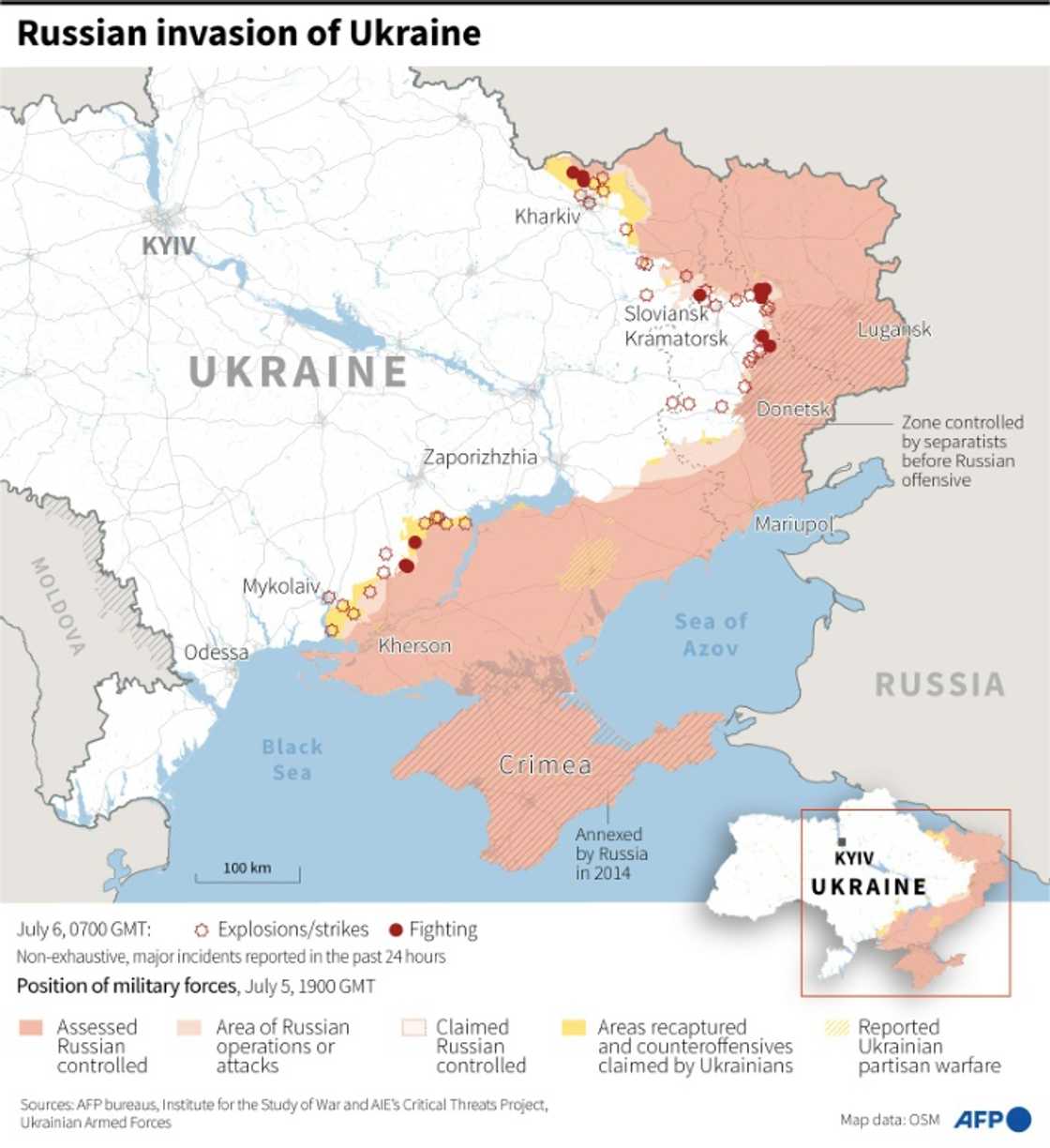 Map showing the situation in Ukraine, as of July 6 at 0700 GMT