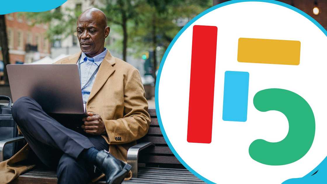 A man sitting on a bench working on his laptop and the 15Ghana logo A man sitting on a bench working on his laptop and the 15Ghana logo