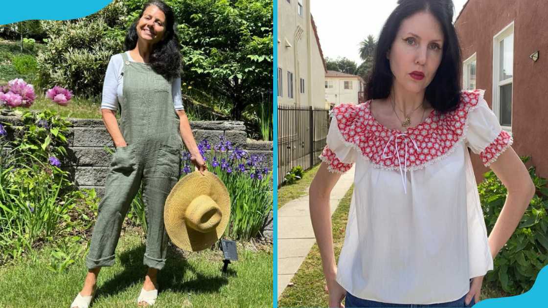 Ladies in linen overalls (L) and peasant blouse (R).