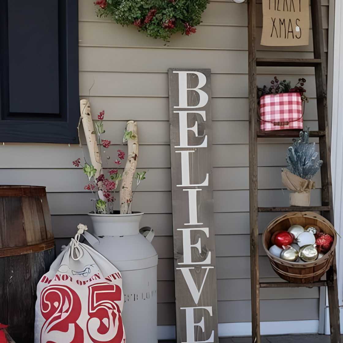 A front porch featuring a "believe" rustic wooden sign