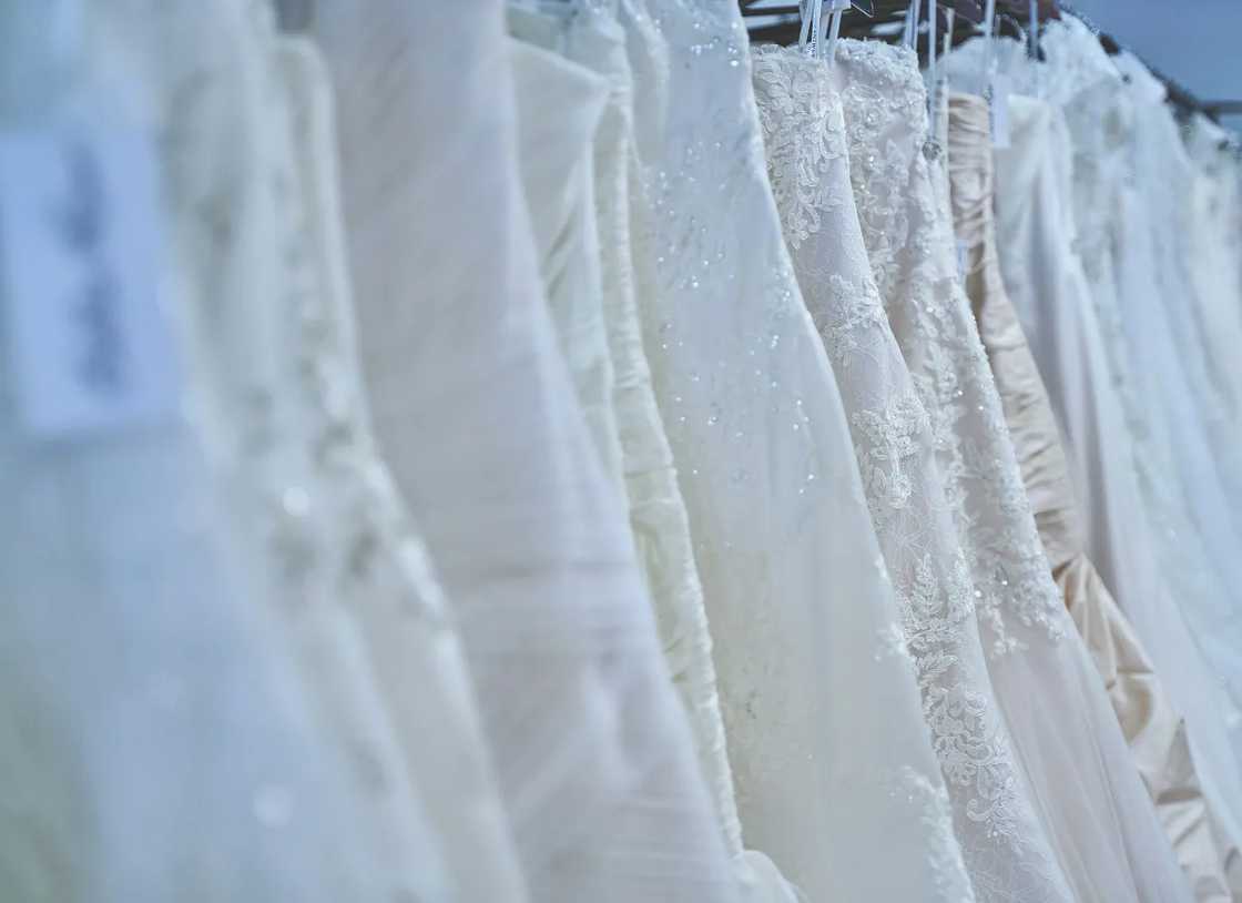 A row of wedding dresses
