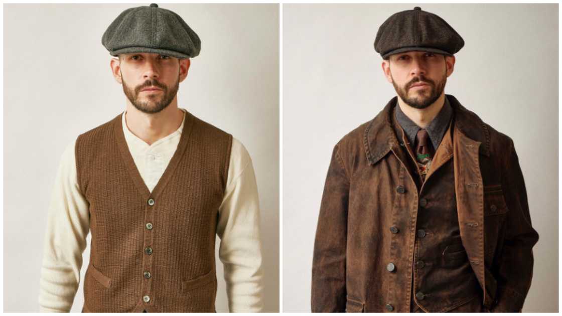 A man has styled two flat cap differently A man has styled two flat cap differently