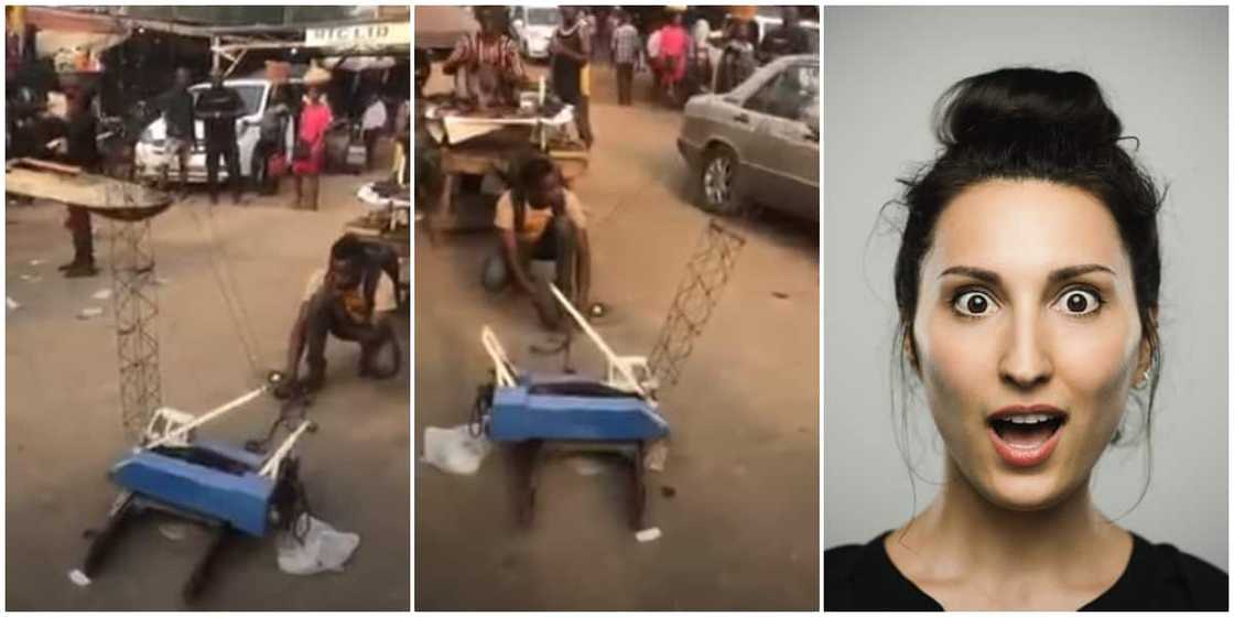 Street people left surprised as boy uses mini port crane he built using local materials Street people left surprised as boy uses mini port crane he built using local materials