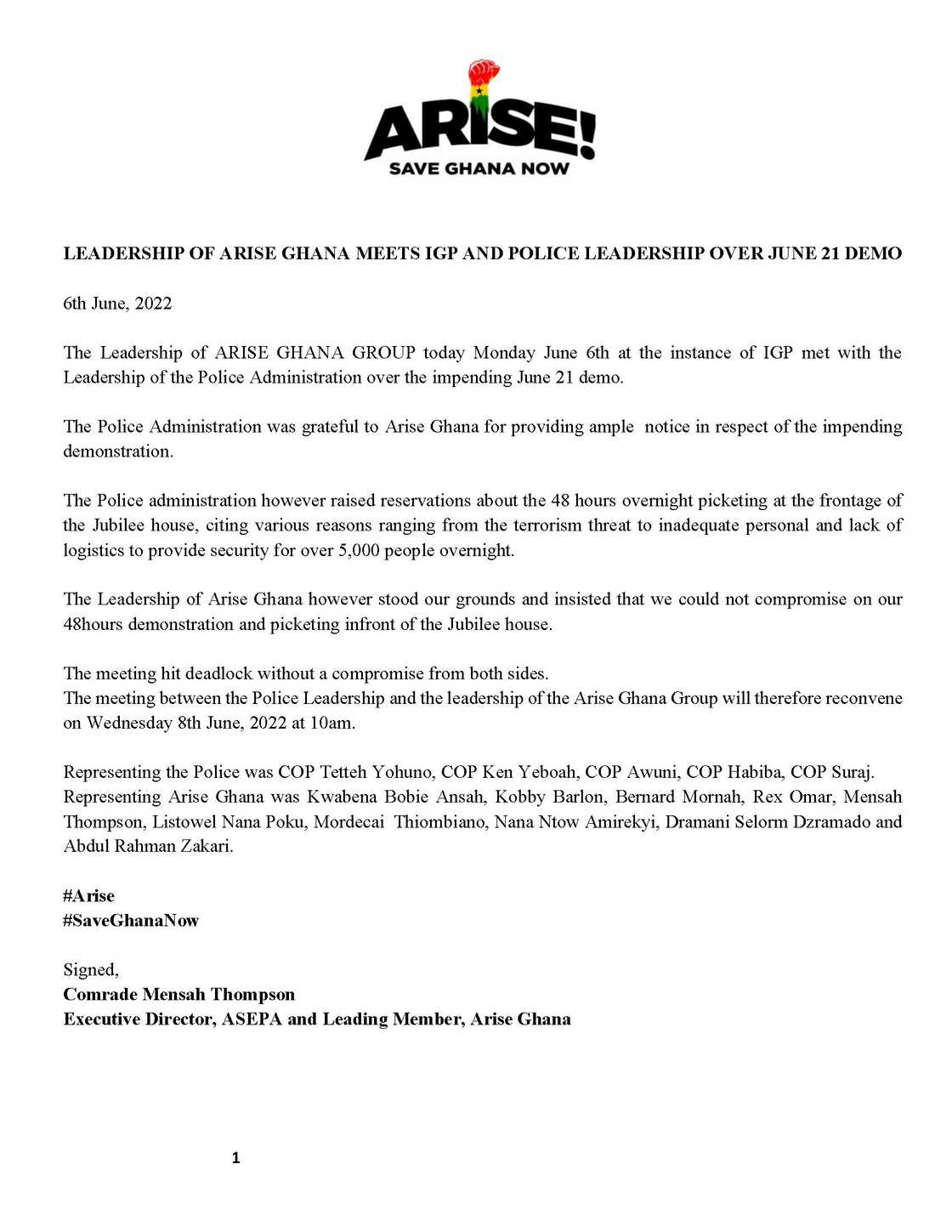 Arise Ghana statement on stalemate