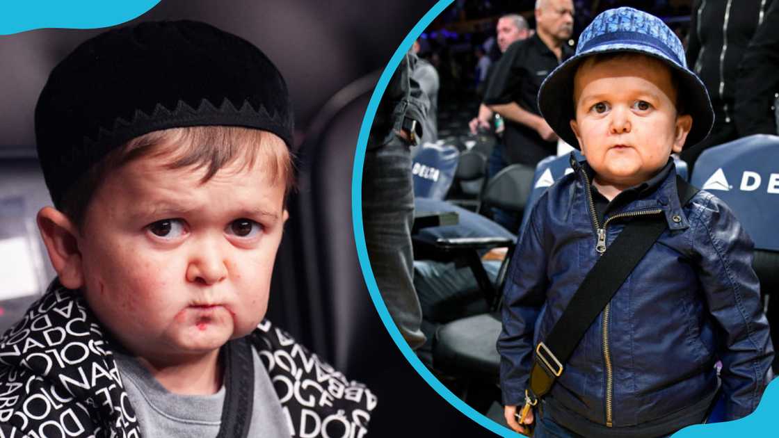 Hasbulla in black and white coat and blue attire Hasbulla in black and white coat and blue attire