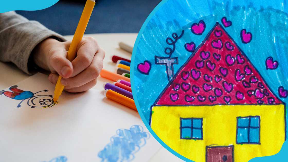 A child painting a sketch (R) and a house drawing (L)