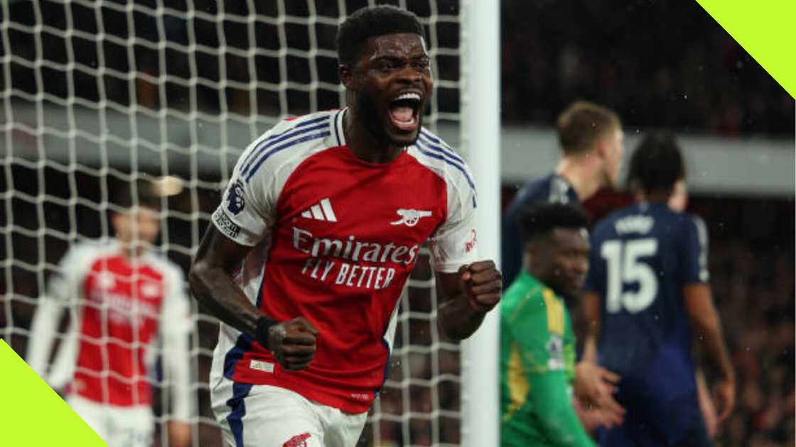 Thomas Partey celebrates after Arsenal beat Manchester United. Thomas Partey celebrates after Arsenal beat Manchester United.