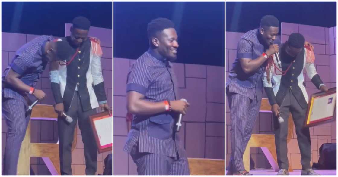 Asamoah Gyan and Foster Romanus on stage Asamoah Gyan and Foster Romanus on stage