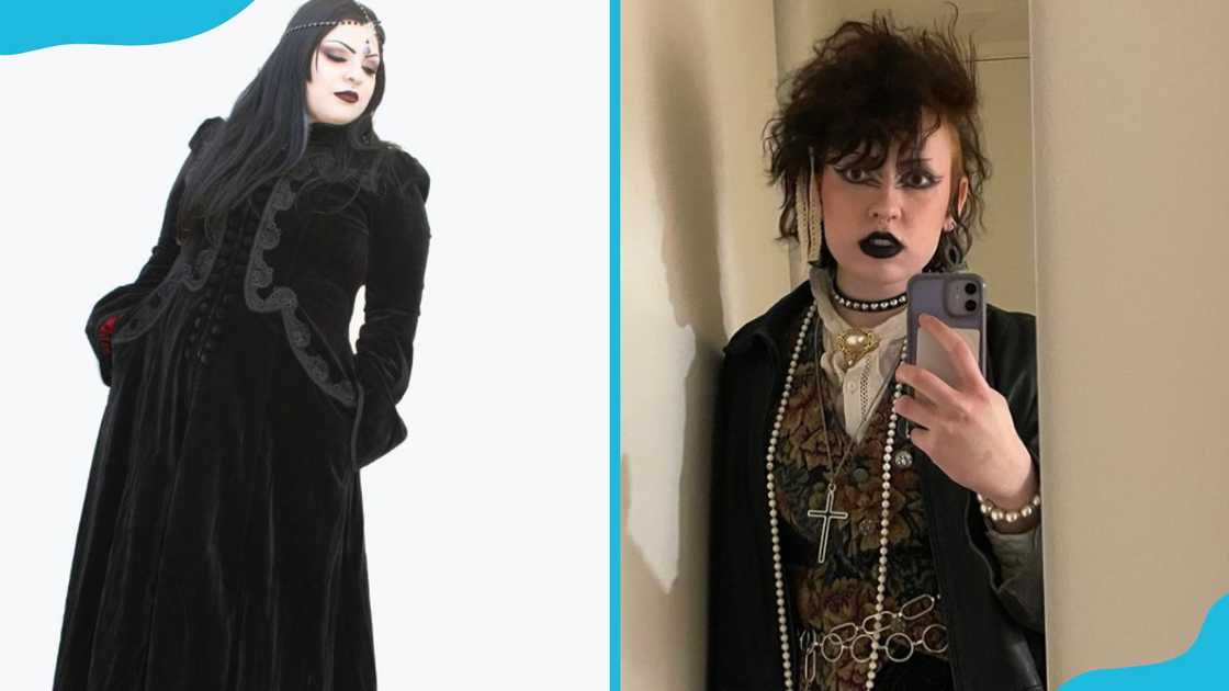A woman in a traditional goth attire leaning backwards (L). A woman in a goth look taking a mirror selfie. A woman in a traditional goth attire leaning backwards (L). A woman in a goth look taking a mirror selfie.