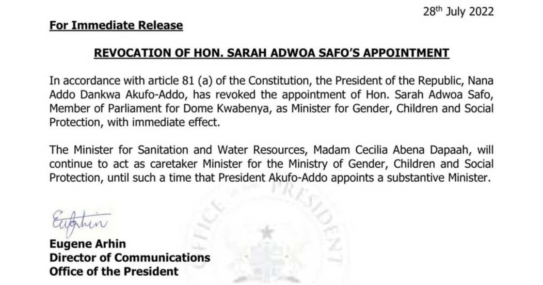 Sarah Adwoa Safo's sack letter