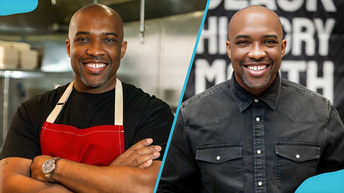 Rahman Harper smiling in a red chef upran and a black shirt Rahman Harper smiling in a red chef upran and a black shirt