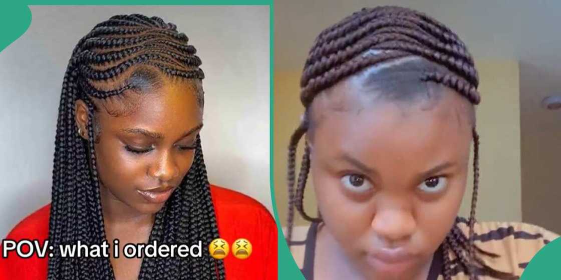 Lady showing hair she wanted and what hairstylist did for her.