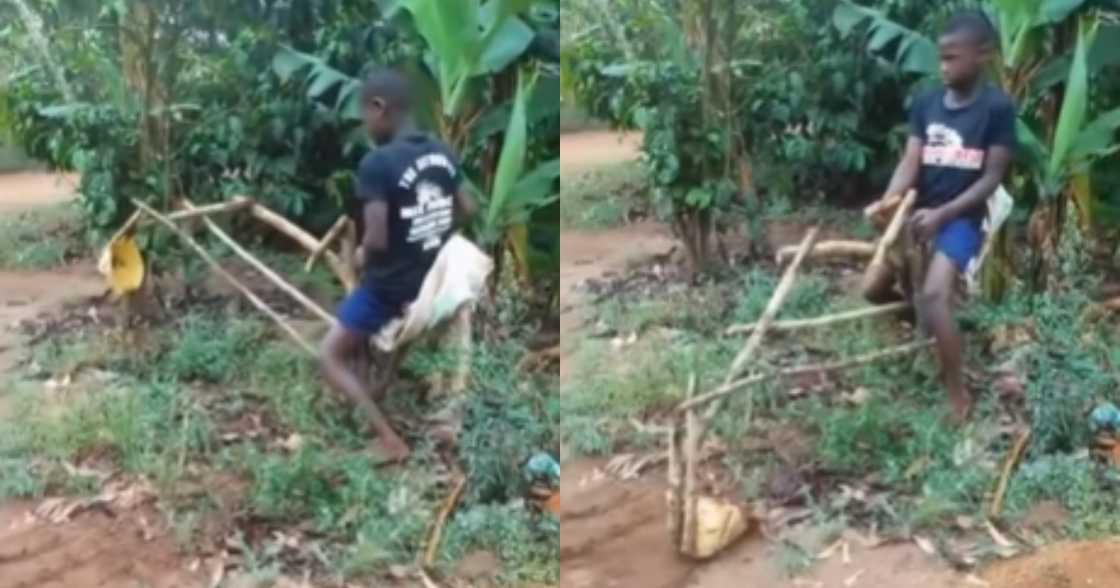 Creative young man crafts wooden excavator