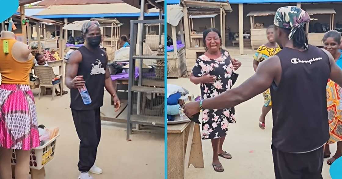 Ghanaian man, German borga, returns home, surprises mother, market woman. Ghanaian man, German borga, returns home, surprises mother, market woman.