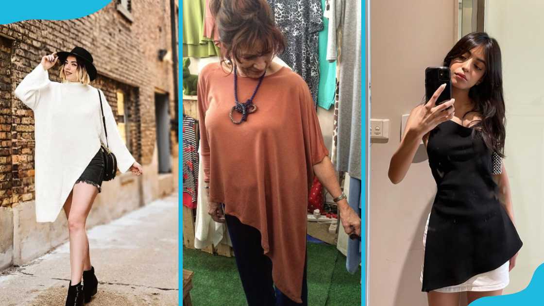 Women in white, brown, and black asymmetrical tops Women in white, brown, and black asymmetrical tops