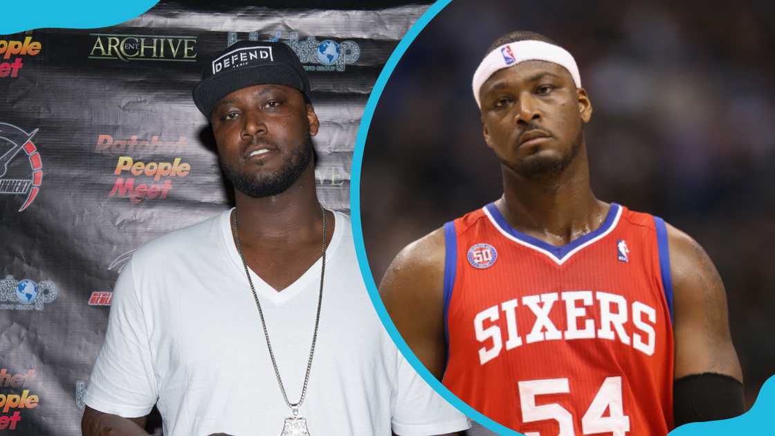 Kwame Brown poses at the Rialto Center for the Arts (L) and during a Philadelphia 76ers game (R).