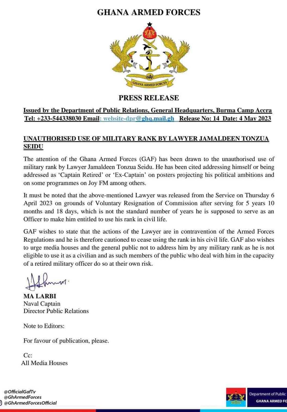 GAF warns Tonzua from calling himself Ex Captain GAF warns Tonzua from calling himself Ex Captain