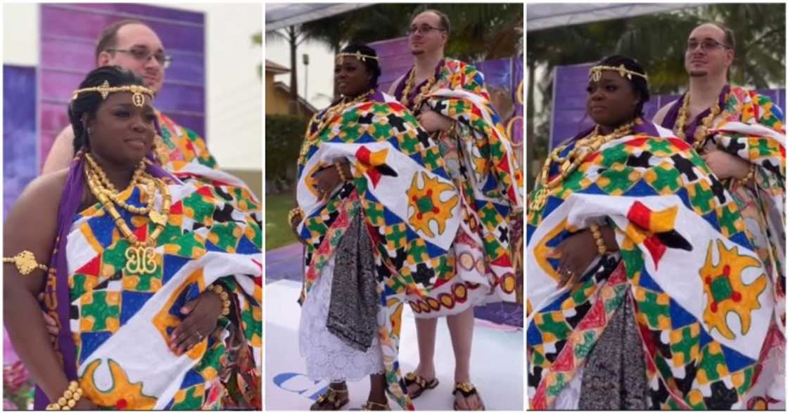 Ghanaian bride and her Canadian husband don Kente for their traditional marriage.