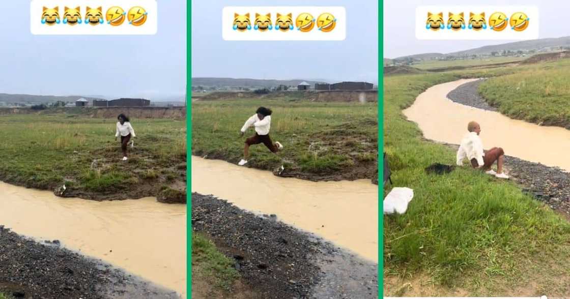 woman jumping over river