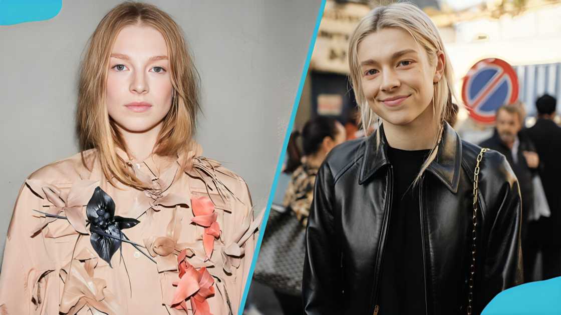 Hunter Schafer in a floral top and in a black jacket. Hunter Schafer in a floral top and in a black jacket.
