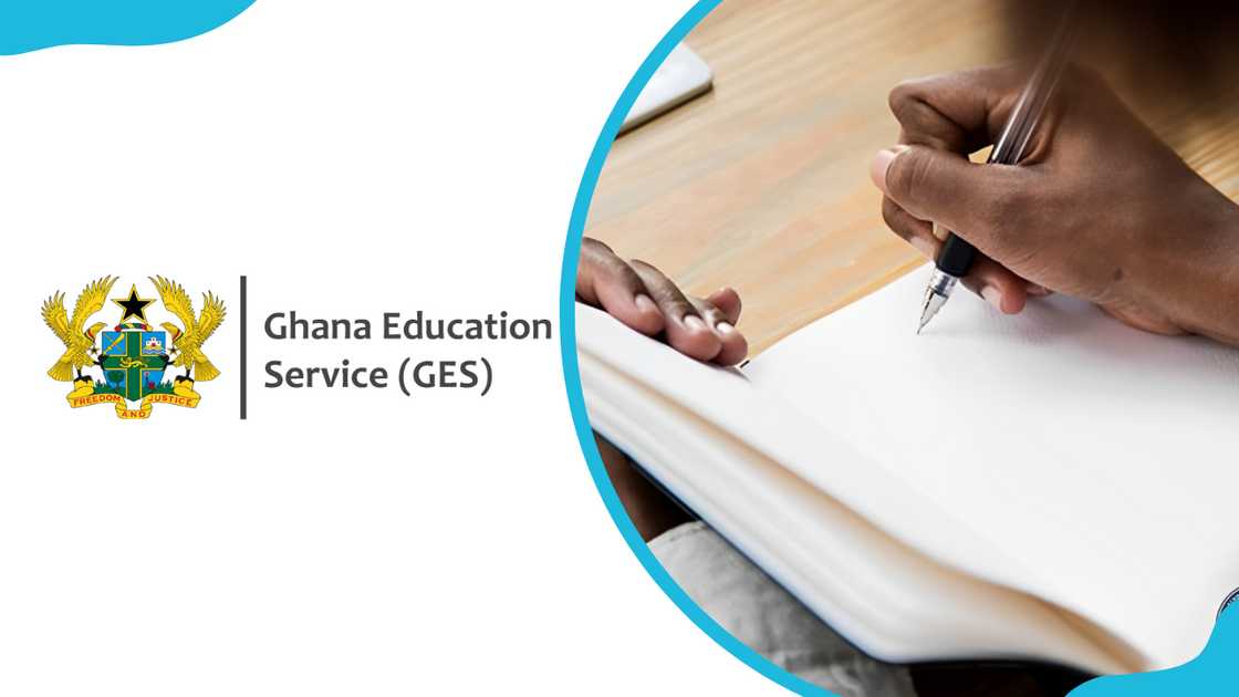 The Ghana Education Service logo and a person writing on a book