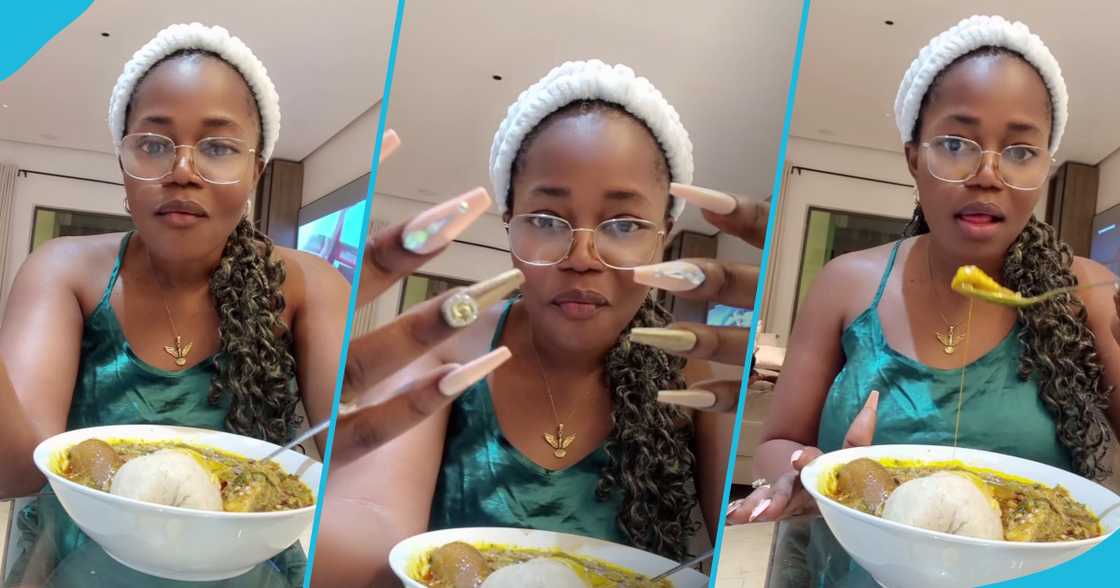 Mzbel in pics eating banku and okro with a spoon Mzbel in pics eating banku and okro with a spoon