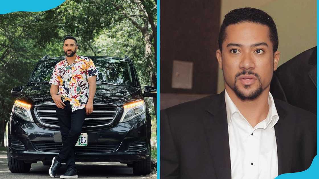 Majid Michel standing in front of his car and indoors in a black and white suit Majid Michel standing in front of his car and indoors in a black and white suit
