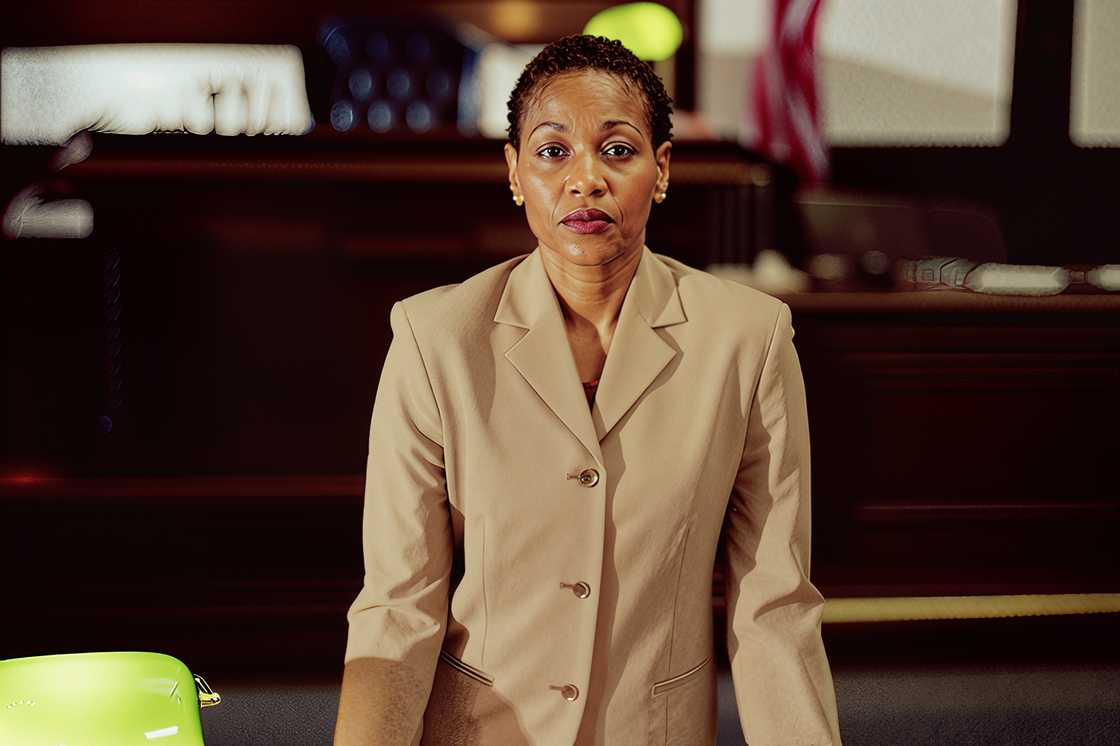 A businesswoman leaning on a desk