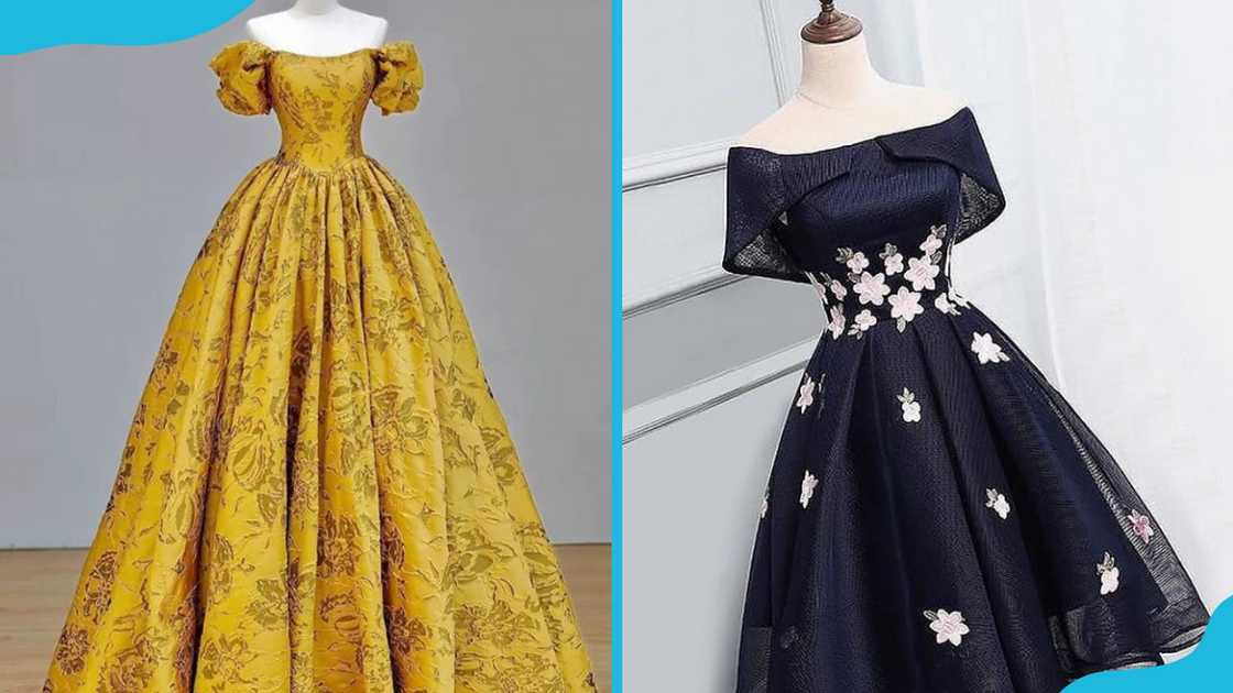 A yellow gown and balck dress A yellow gown and balck dress