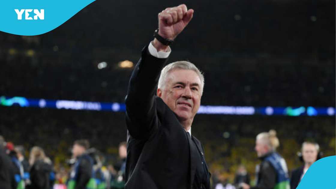 Carlo Ancelotti celebrates Real Madrid's victory. Carlo Ancelotti celebrates Real Madrid's victory.