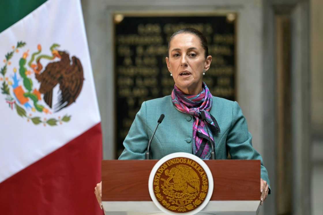 Mexican President Claudia Sheinbaum speaks after meeting foreign business leaders at the National Palace Mexican President Claudia Sheinbaum speaks after meeting foreign business leaders at the National Palace