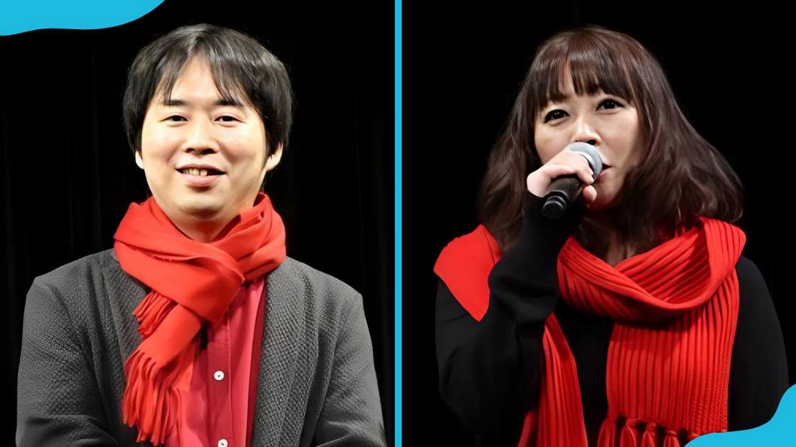 Junko Takeuchi (L and R) is standing against a dark background)