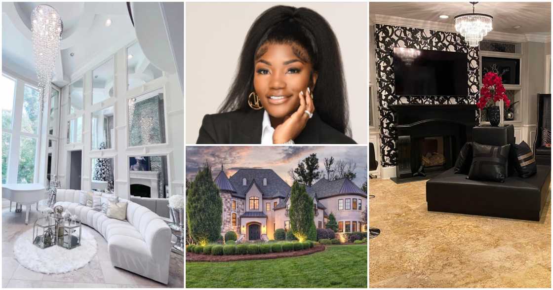 African-American lady shows off her plush mansion.